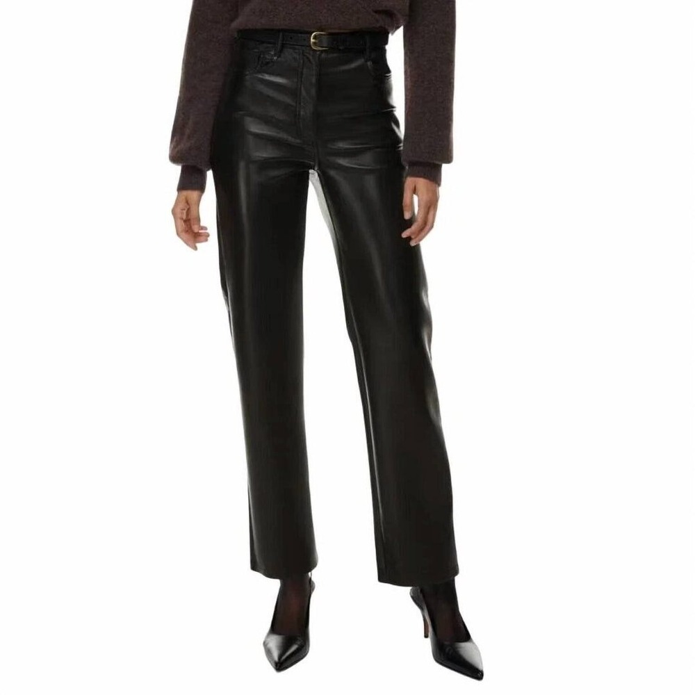 Wilfred Aritzia Melina Black Vegan Leather Straight Leg High Rise Pants Size 4